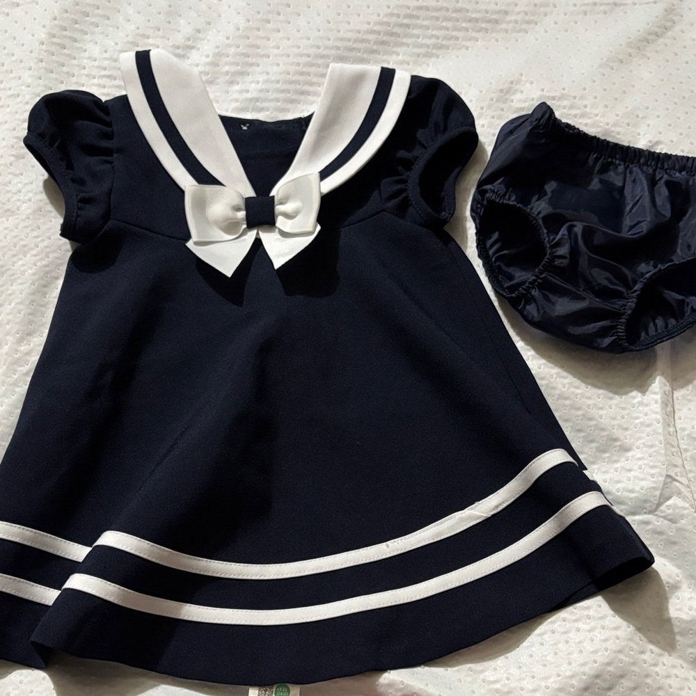 Navy and White Baby Dress with Bloomers